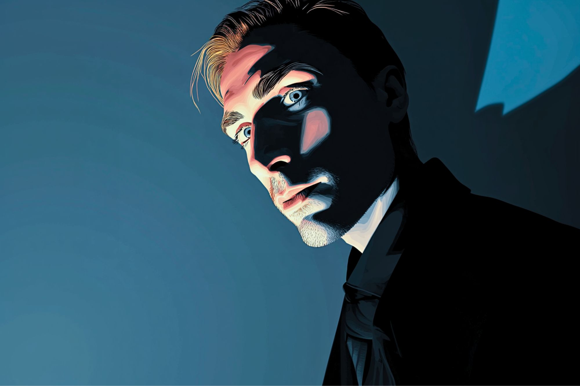 Stylized illustration of a man in a suit, gazing intensely with dramatic blue and shadowy lighting highlighting his face, creating a mysterious and moody atmosphere.