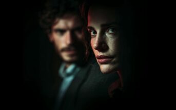 A woman with an intense expression is lit dramatically in the foreground, while a man with curly hair and a beard is blurred in the dark background, creating a mysterious and moody atmosphere.