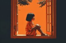 A young child with short dark hair sits cross-legged on a window ledge, gazing outside. The scene is warmly lit with an orange background and tree branches visible above. The mood is calm and contemplative.