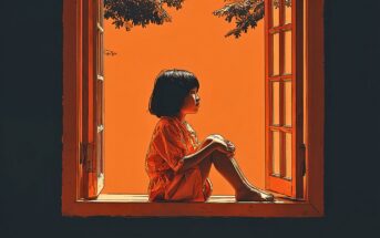 A young child with short dark hair sits cross-legged on a window ledge, gazing outside. The scene is warmly lit with an orange background and tree branches visible above. The mood is calm and contemplative.