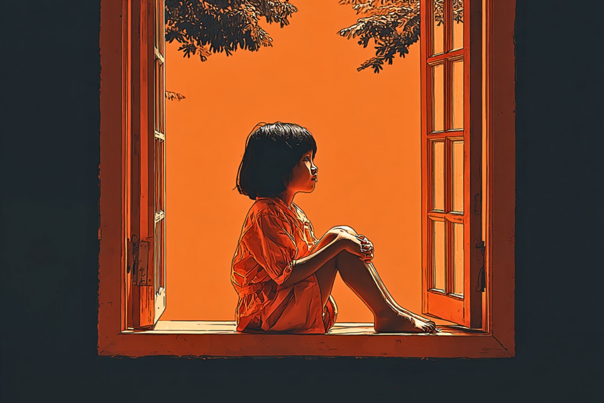 A young child with short dark hair sits cross-legged on a window ledge, gazing outside. The scene is warmly lit with an orange background and tree branches visible above. The mood is calm and contemplative.