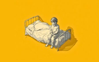 A young child in pajamas sits on the edge of a simple bed with rumpled sheets, looking down with a thoughtful expression, against a plain yellow background.