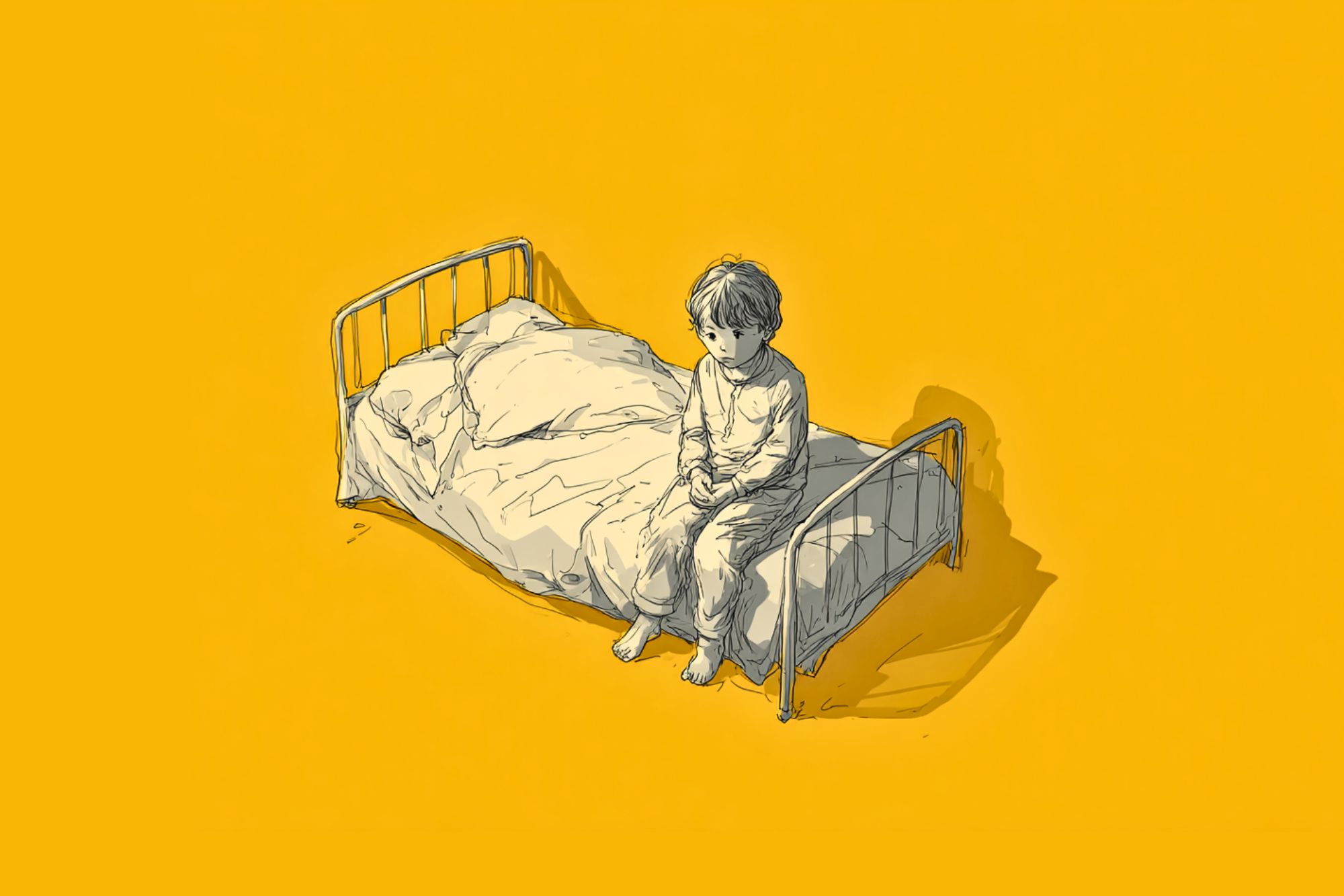 A young child in pajamas sits on the edge of a simple bed with rumpled sheets, looking down with a thoughtful expression, against a plain yellow background.