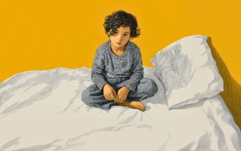 A young child with curly hair sits cross-legged on a white bed, looking up with a thoughtful expression. The bedding is rumpled, and the background is a plain, solid yellow wall.