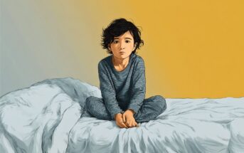 A child with dark hair sits on a messy bed, wearing gray pajamas, looking thoughtful. The background has a gradient from gray to yellow.