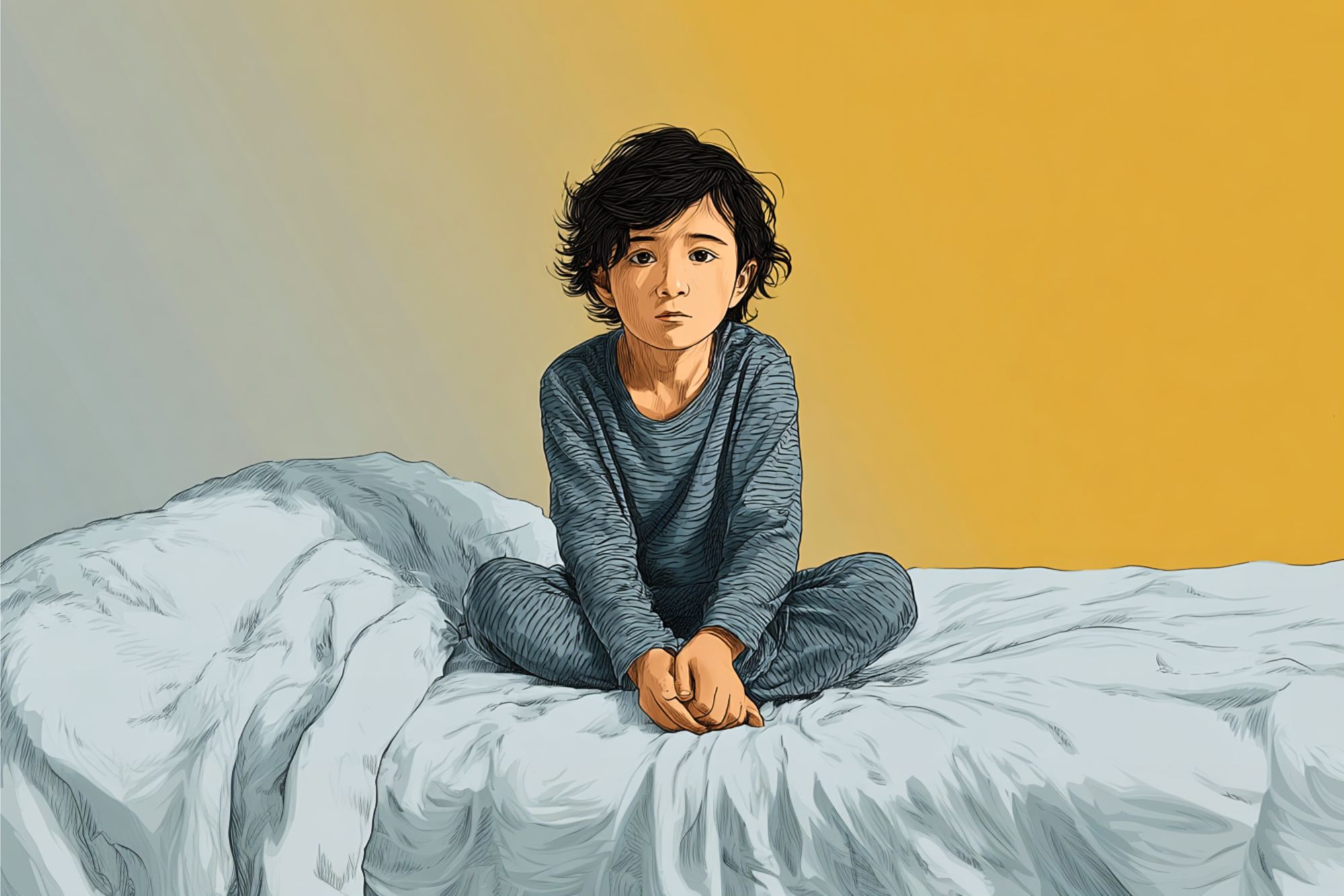 A child with dark hair sits on a messy bed, wearing gray pajamas, looking thoughtful. The background has a gradient from gray to yellow.