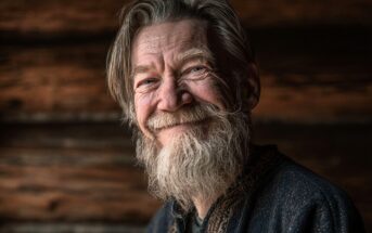 An older man with a long gray beard and mustache smiles warmly. He has long hair and is wearing a dark, textured shirt. The background is blurred and wooden, creating a cozy, rustic atmosphere.