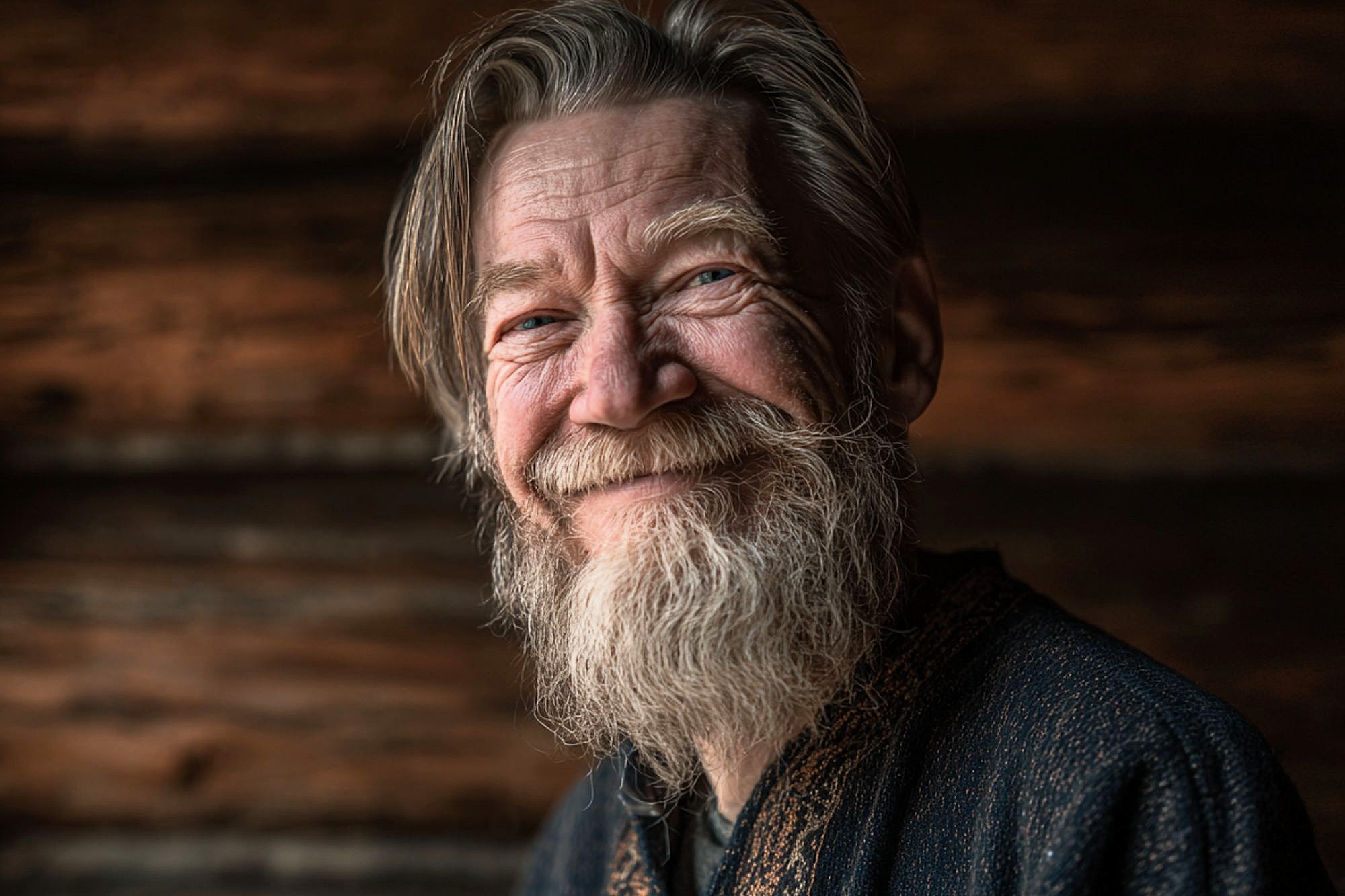 An older man with a long gray beard and mustache smiles warmly. He has long hair and is wearing a dark, textured shirt. The background is blurred and wooden, creating a cozy, rustic atmosphere.