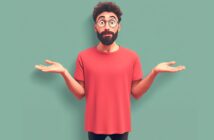 A bearded man with glasses, wearing a red t-shirt, stands against a plain green background, holding his hands out to the sides and shrugging with a confused or uncertain expression.