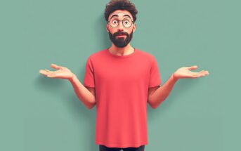A bearded man with glasses, wearing a red t-shirt, stands against a plain green background, holding his hands out to the sides and shrugging with a confused or uncertain expression.