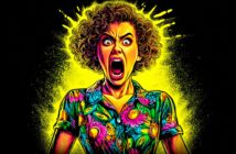 A woman with curly hair and a colorful floral shirt screams with a wide-open mouth, her eyes wide and eyebrows raised. The background is bright yellow with paint splatter effects, creating a dramatic, intense mood.