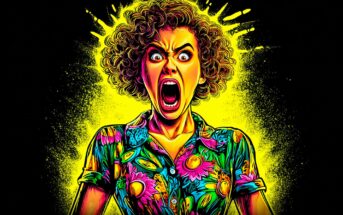 A woman with curly hair and a colorful floral shirt screams with a wide-open mouth, her eyes wide and eyebrows raised. The background is bright yellow with paint splatter effects, creating a dramatic, intense mood.
