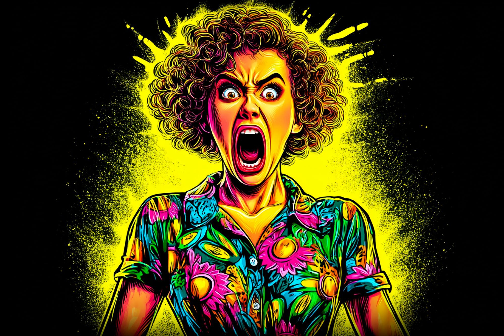 A woman with curly hair and a colorful floral shirt screams with a wide-open mouth, her eyes wide and eyebrows raised. The background is bright yellow with paint splatter effects, creating a dramatic, intense mood.