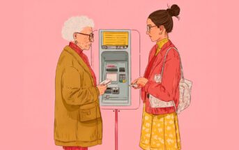 An elderly woman and a younger woman stand together at an ATM machine, both holding cards and receipts, against a pink background. The younger woman appears to be assisting the older woman.