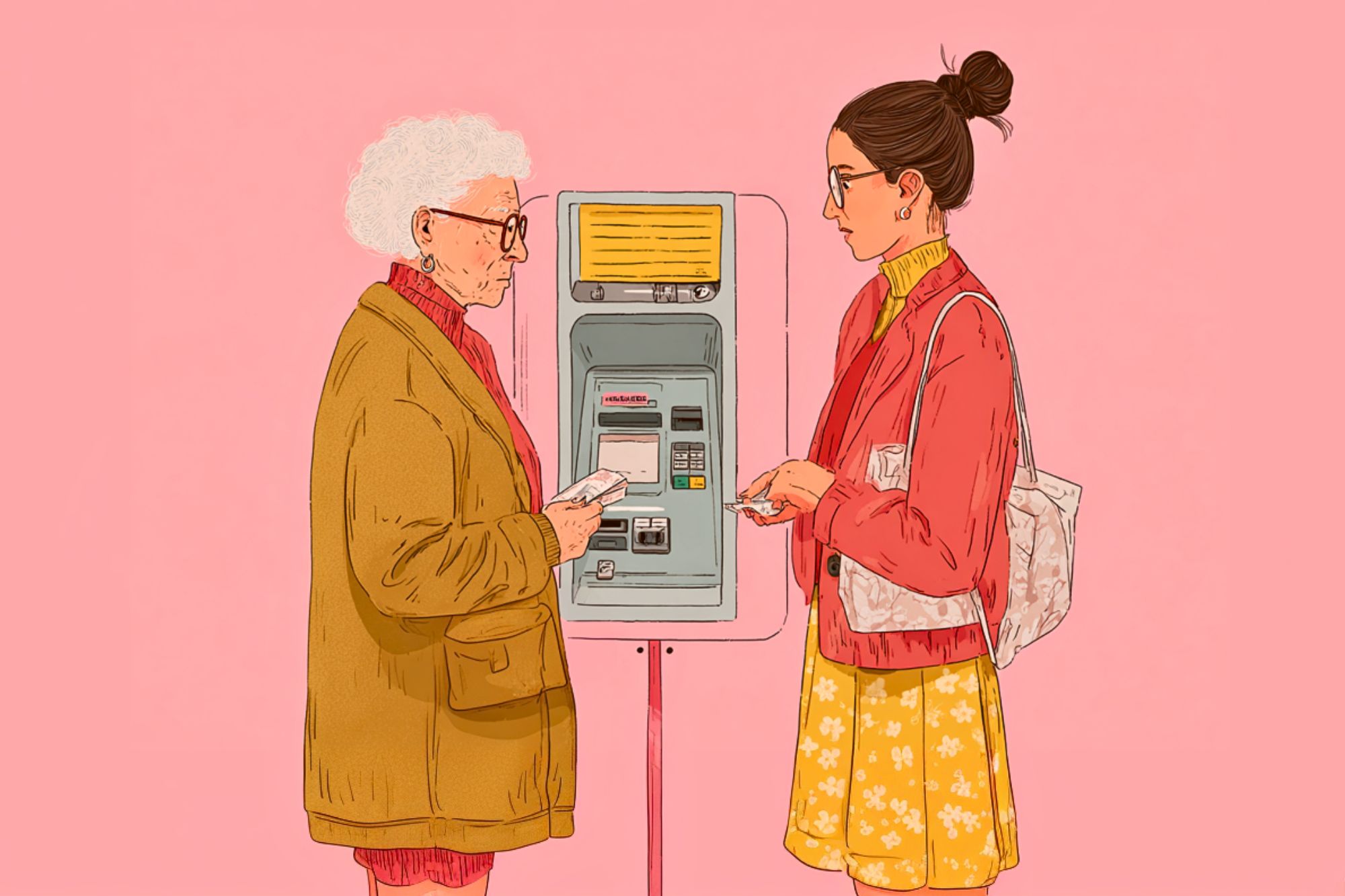 An elderly woman and a younger woman stand together at an ATM machine, both holding cards and receipts, against a pink background. The younger woman appears to be assisting the older woman.