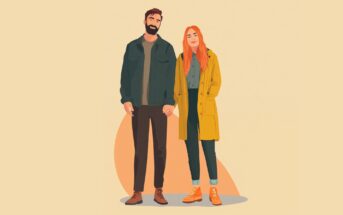 An illustration of a smiling man with a beard and a woman with long red hair, standing and holding hands. The man wears a dark jacket and pants; the woman wears a yellow coat, green pants, and orange shoes.