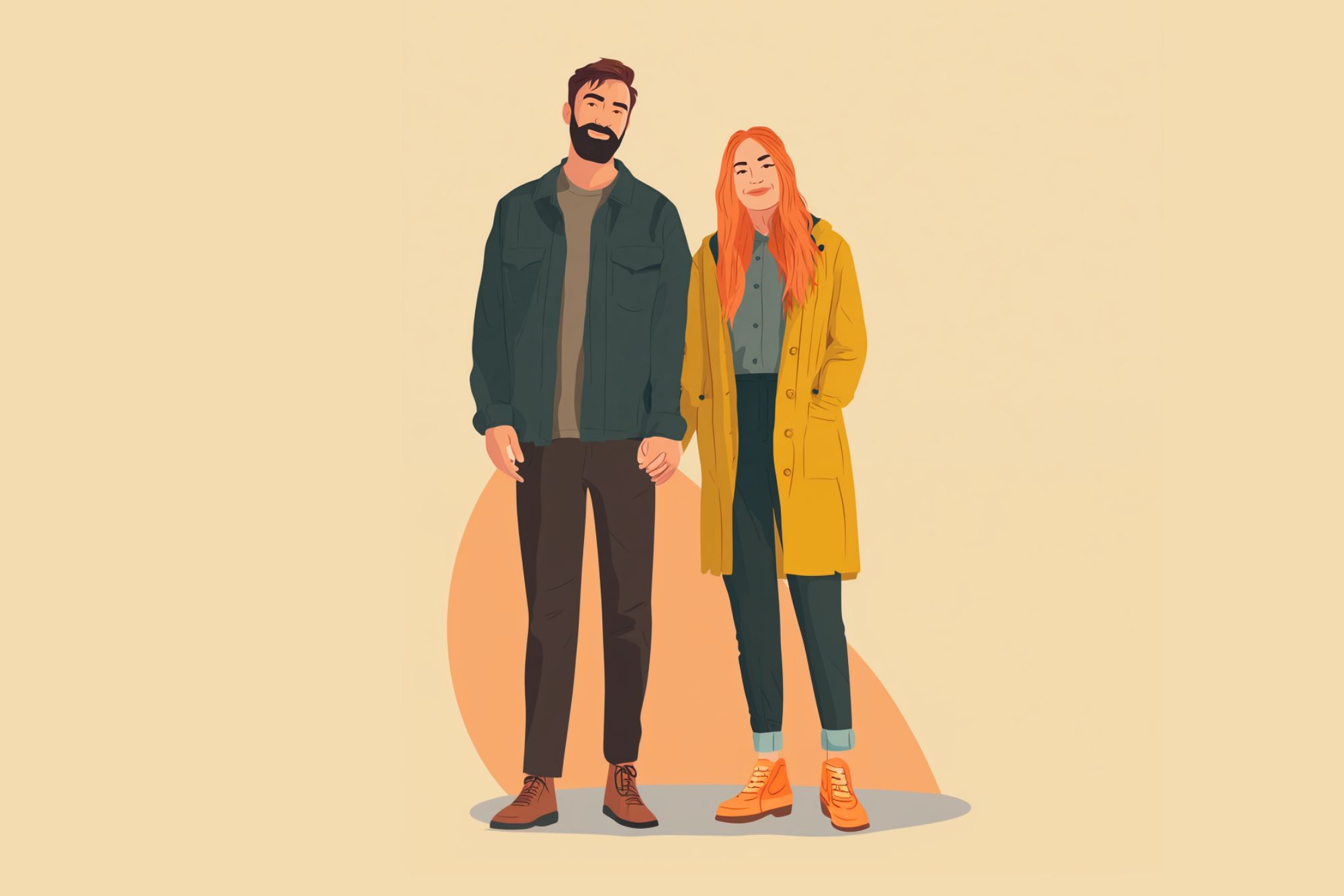 An illustration of a smiling man with a beard and a woman with long red hair, standing and holding hands. The man wears a dark jacket and pants; the woman wears a yellow coat, green pants, and orange shoes.