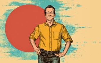An illustrated man in a yellow shirt and jeans stands confidently with hands on hips, against a textured background featuring a large red circle and teal paint streaks on a beige backdrop.