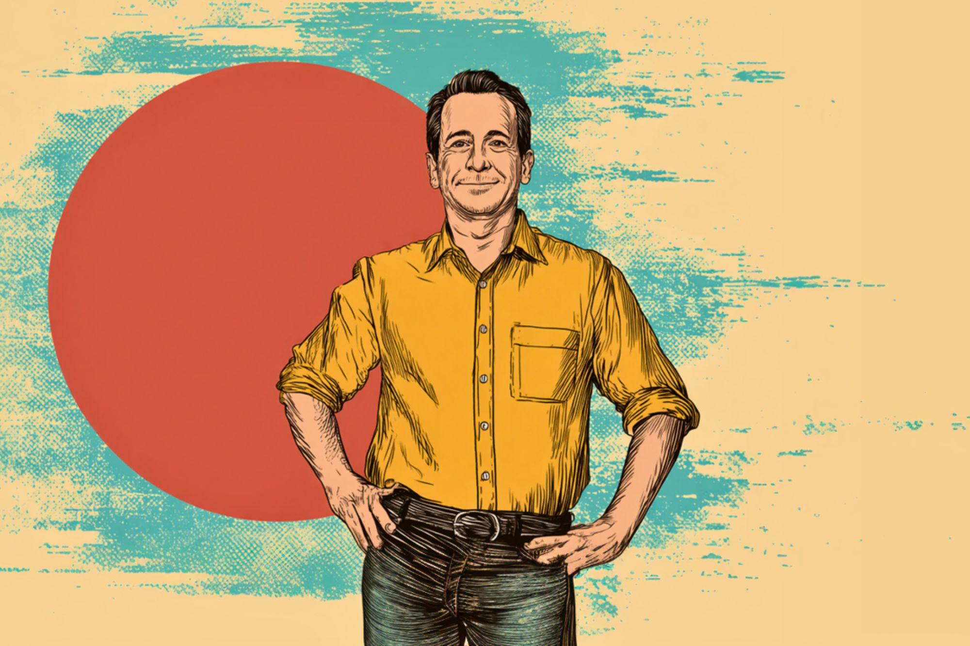 An illustrated man in a yellow shirt and jeans stands confidently with hands on hips, against a textured background featuring a large red circle and teal paint streaks on a beige backdrop.
