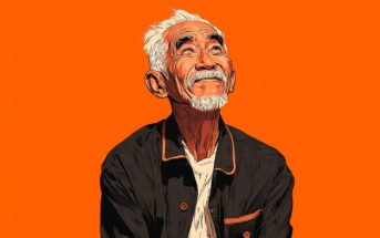 Digital illustration of an elderly man with white hair and beard, wearing a dark jacket over a white shirt, looking upward with a gentle smile against a bright orange background.