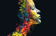 Profile of a woman’s face, depicted in white against a black background, overlaid with vibrant, abstract splashes of yellow, red, orange, and blue resembling paint and foliage.