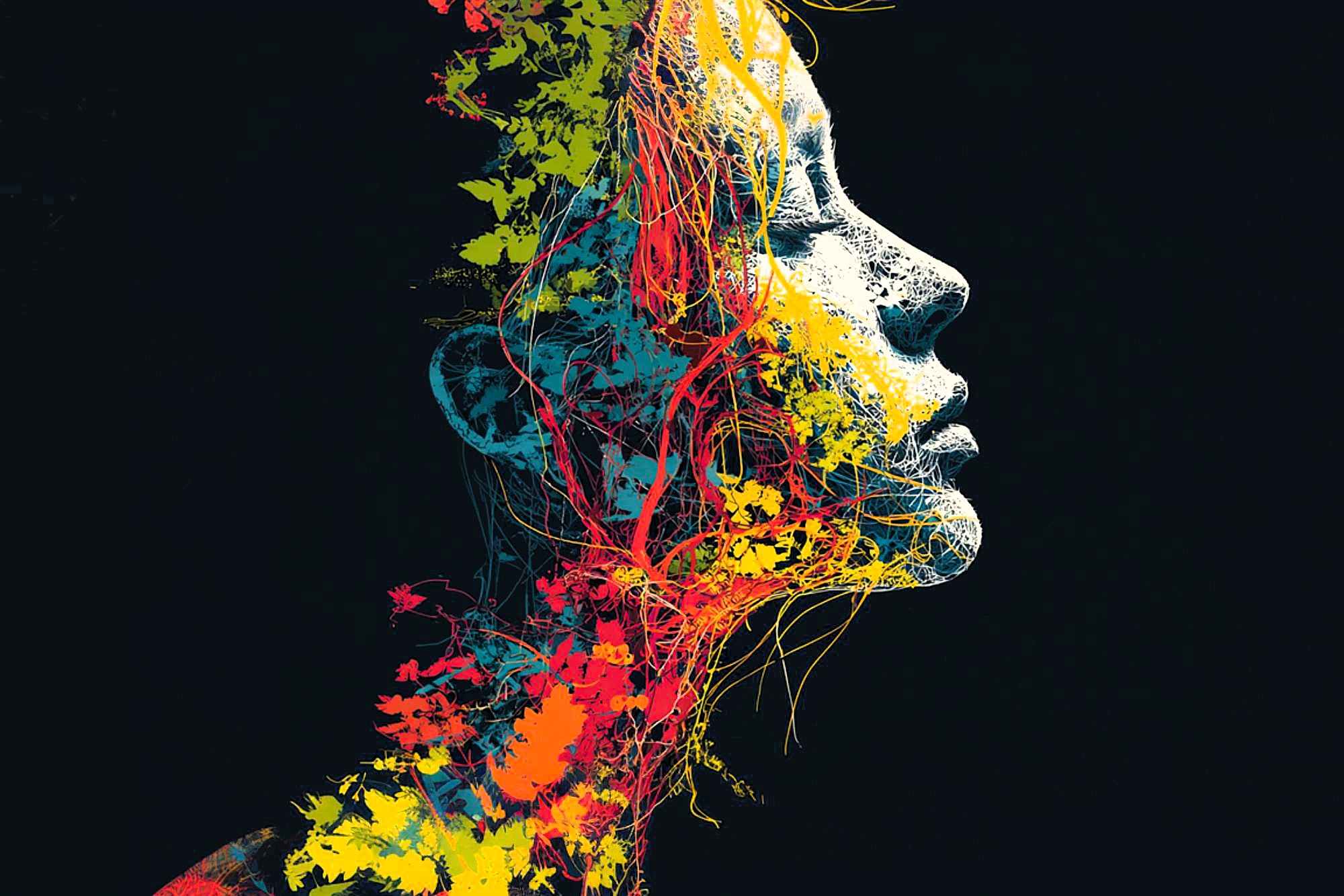 Profile of a woman’s face, depicted in white against a black background, overlaid with vibrant, abstract splashes of yellow, red, orange, and blue resembling paint and foliage.