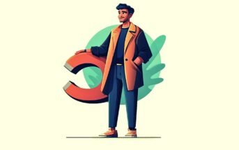 A smiling person in a long coat and sneakers stands next to a large copyright symbol, with a green circular background behind them.