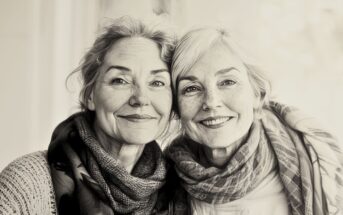 Two older women with light hair smile warmly, standing close together indoors. They wear cozy scarves and sweaters, appearing happy and relaxed. The image is in soft, sepia tones, giving it a nostalgic feel.