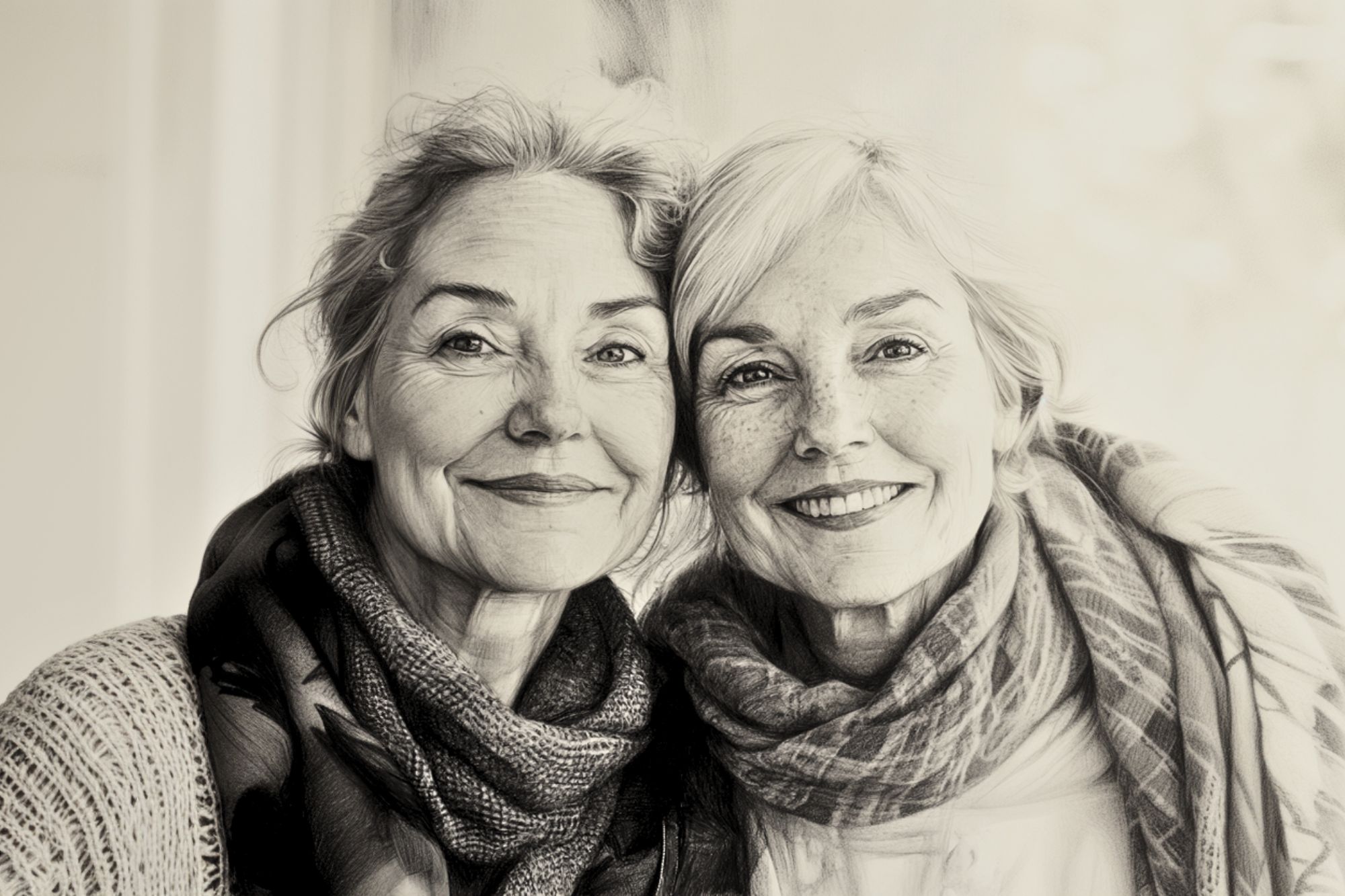 Two older women with light hair smile warmly, standing close together indoors. They wear cozy scarves and sweaters, appearing happy and relaxed. The image is in soft, sepia tones, giving it a nostalgic feel.