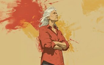 An older person with long white hair stands confidently with arms crossed, wearing a red shirt against a beige background with red and yellow paint splatters.