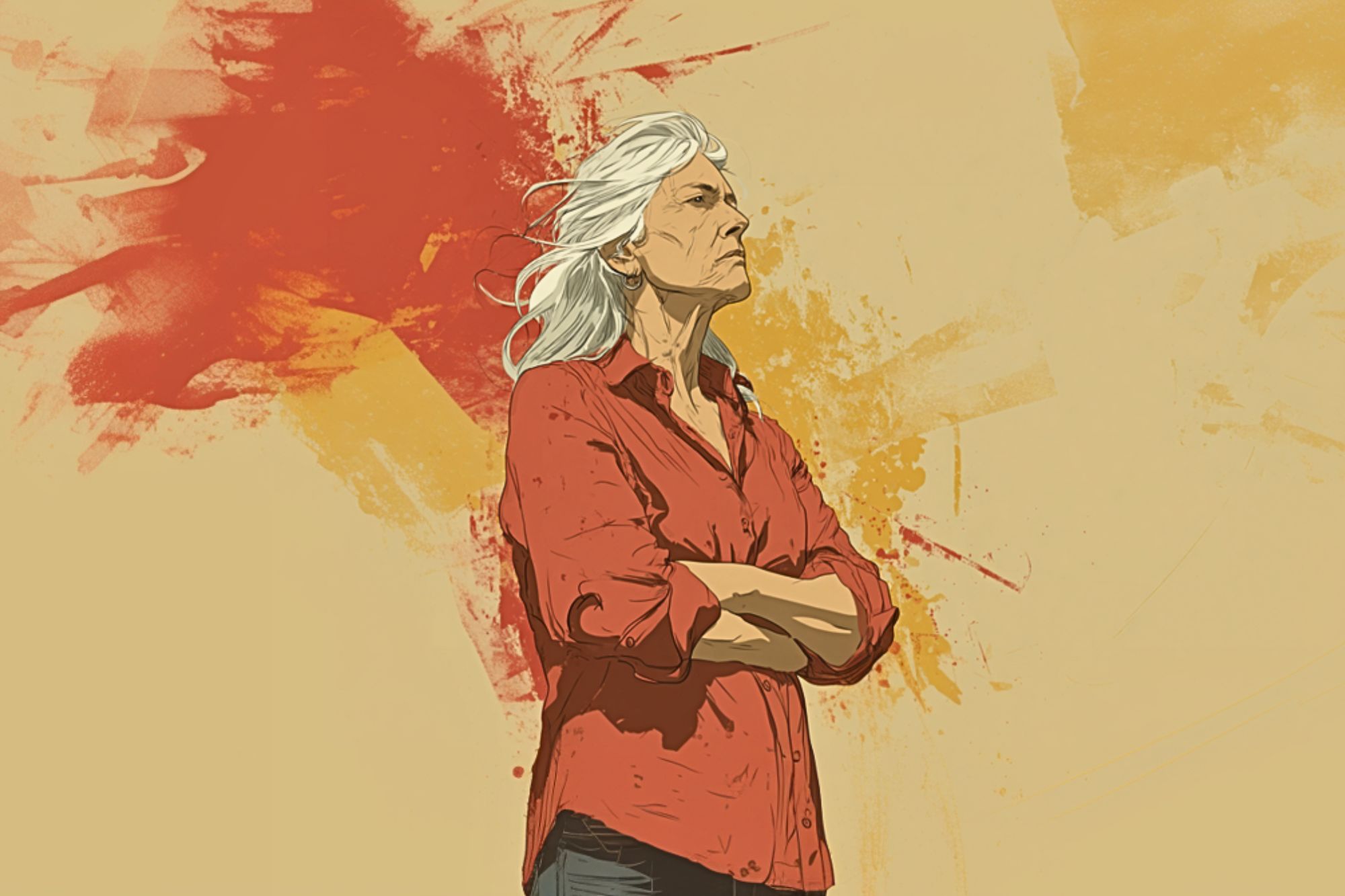 An older person with long white hair stands confidently with arms crossed, wearing a red shirt against a beige background with red and yellow paint splatters.