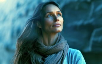 A woman with long brown hair and blue eyes, wearing a scarf and sweater, gazes upward thoughtfully. The background is blurred with shades of blue and gray, suggesting an outdoor setting with rocky formations.