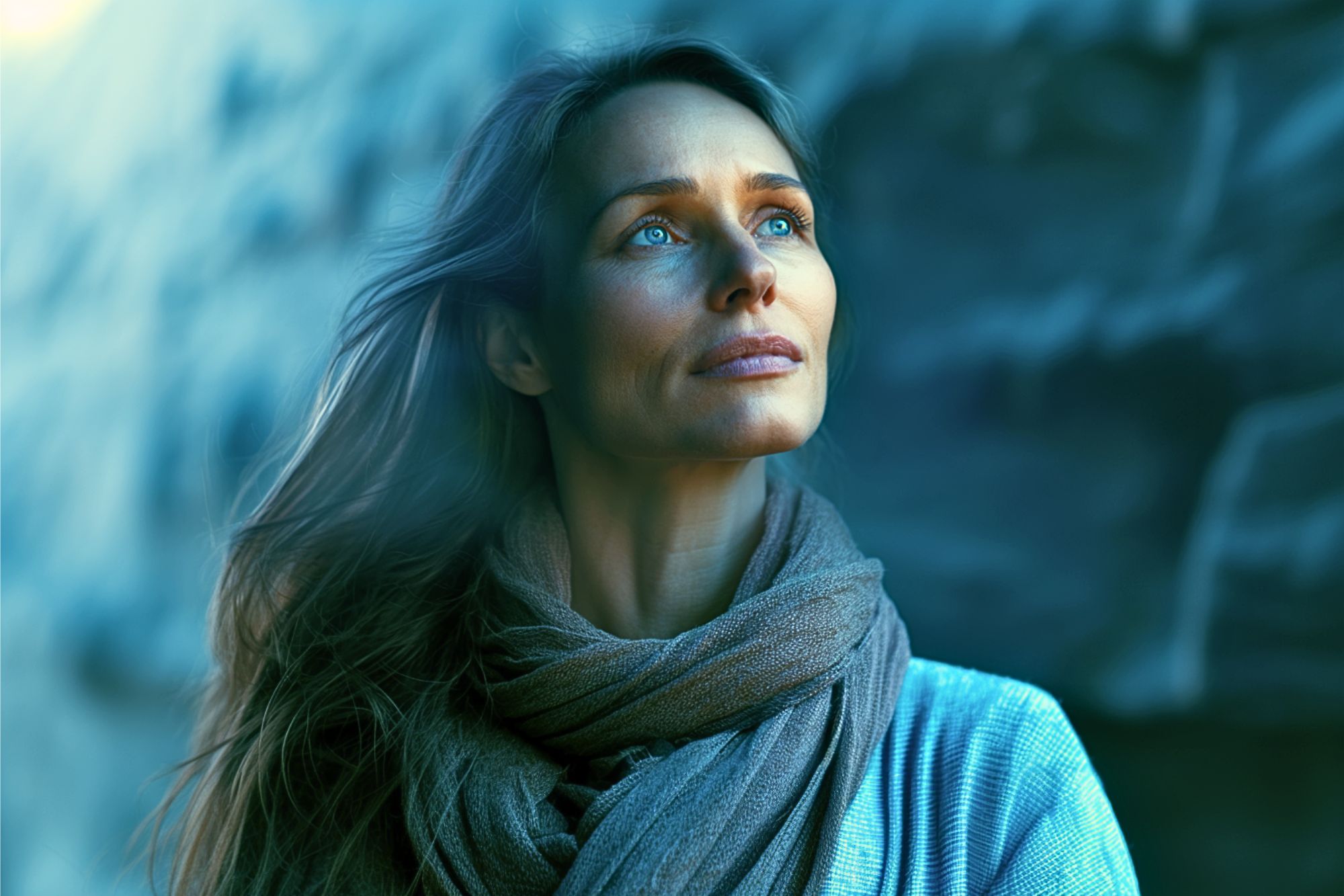 A woman with long brown hair and blue eyes, wearing a scarf and sweater, gazes upward thoughtfully. The background is blurred with shades of blue and gray, suggesting an outdoor setting with rocky formations.