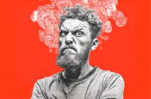 A black-and-white illustration of an angry, bearded man with crossed arms against a bright red background. Swirling lines above his head symbolize intense anger or frustration.