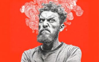 A black-and-white illustration of an angry, bearded man with crossed arms against a bright red background. Swirling lines above his head symbolize intense anger or frustration.