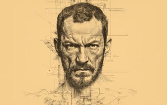 A detailed pencil sketch of a stern-looking man with short hair and a beard is superimposed over technical architectural drawings, all set against a beige background.