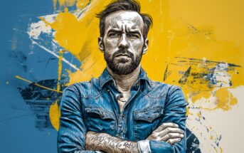 A stylized digital illustration of a bearded man with arms crossed, wearing a denim shirt, set against an abstract blue and yellow painted background.