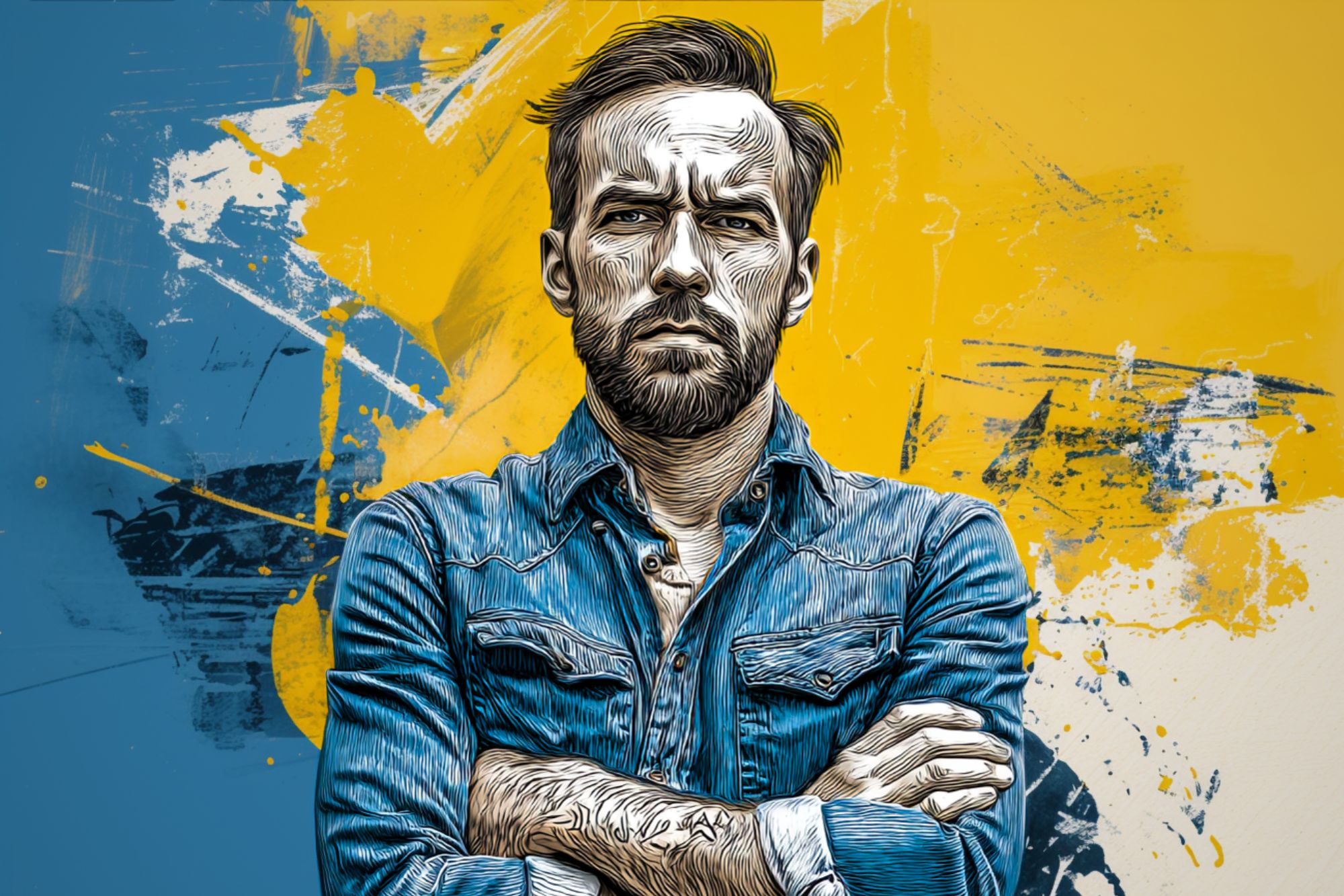 A stylized digital illustration of a bearded man with arms crossed, wearing a denim shirt, set against an abstract blue and yellow painted background.