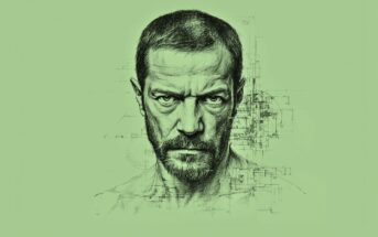 A detailed pencil sketch of a serious man with short hair and a beard, set against a light green background with faint technical or architectural line drawings behind his head.