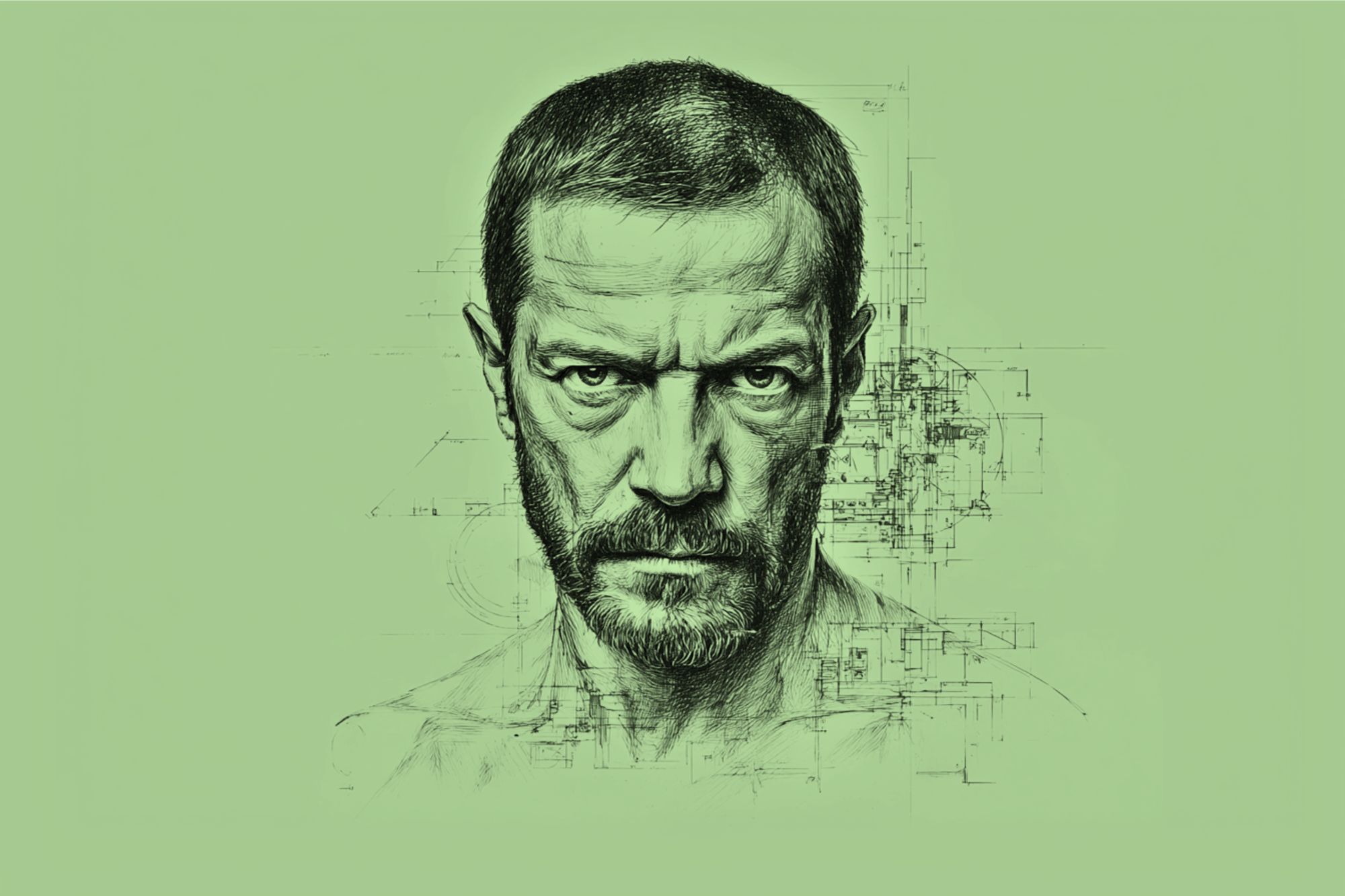 A detailed pencil sketch of a serious man with short hair and a beard, set against a light green background with faint technical or architectural line drawings behind his head.