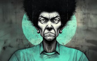 A stern-looking person with a large, angular afro hairstyle, wearing earrings and a teal shirt, is depicted in a stylized, gritty illustration with a teal circle in the background.