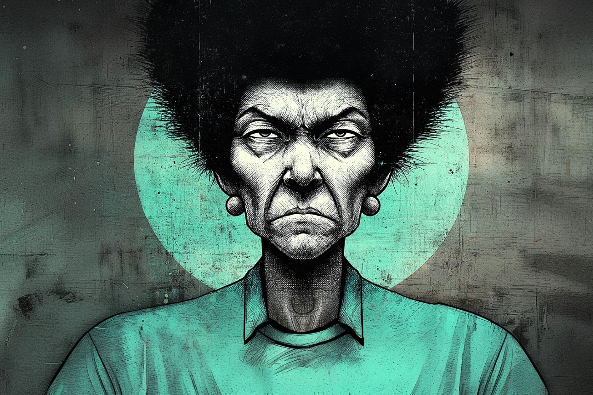 A stern-looking person with a large, angular afro hairstyle, wearing earrings and a teal shirt, is depicted in a stylized, gritty illustration with a teal circle in the background.