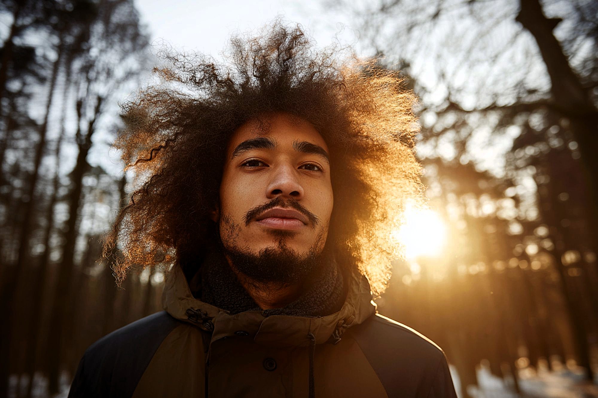 A man with curly hair and a beard stands outdoors in a winter forest at sunset, wearing a jacket. Sunlight shines through the trees behind him, creating a warm, glowing effect around his hair.