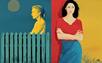 A stylized illustration of two women on opposite sides of a fence, one in profile against a blue moonlit sky, the other facing forward with arms crossed against a red and yellow wall.
