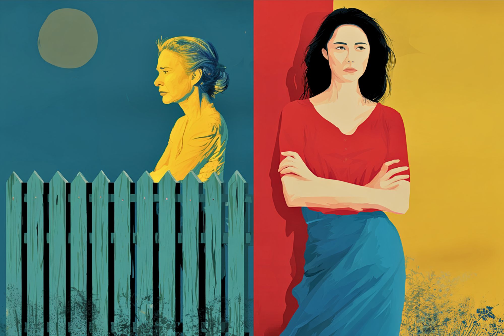 A stylized illustration of two women on opposite sides of a fence, one in profile against a blue moonlit sky, the other facing forward with arms crossed against a red and yellow wall.
