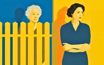 Illustration of two women separated by a yellow fence, one older with gray hair on a blue background, and one younger with dark hair on a yellow background, both with serious expressions and arms crossed.
