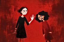Two animated women stand against a red background; one woman holds up her hand angrily as if stopping the other, who looks upset and confused. Both are wearing dark dresses and have tense expressions.