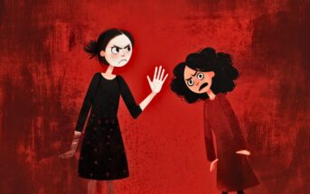 Two animated women stand against a red background; one woman holds up her hand angrily as if stopping the other, who looks upset and confused. Both are wearing dark dresses and have tense expressions.