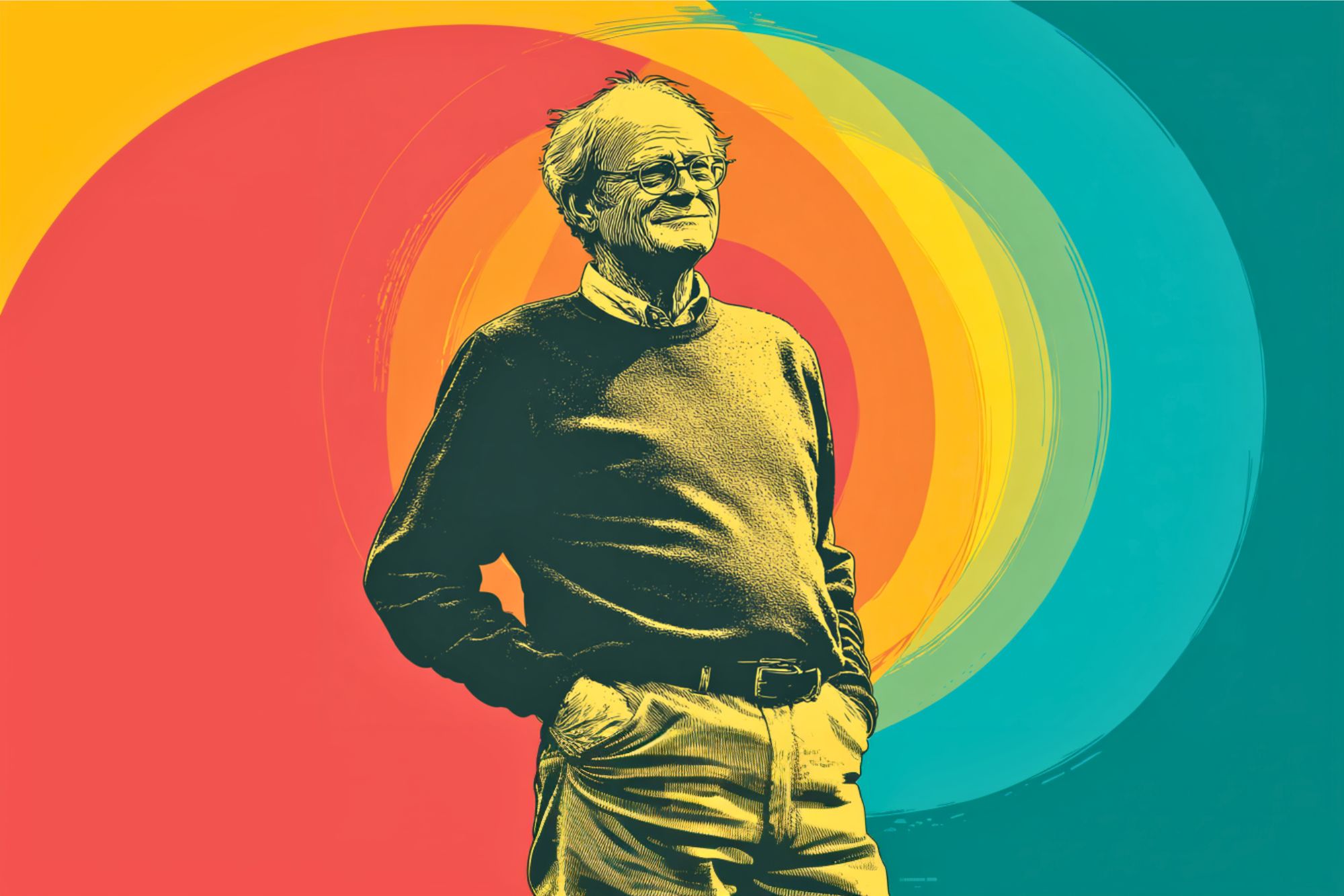 An older man with glasses stands with hands in pockets, looking thoughtful. The image is stylized with bold, contrasting colors and a vibrant, swirling abstract background in red, yellow, teal, and orange hues.