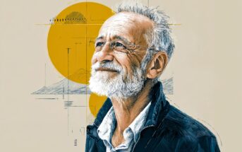 A smiling older man with a white beard and glasses looks upward. He wears a dark jacket over a light shirt. The background features abstract geometric shapes and a large yellow circle.